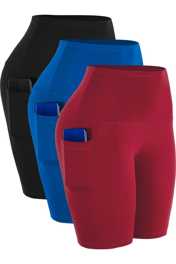 Womens 9" Bike Compression Short High Waist for Yoga Workout with Big Pockets 3 Pack,Black+Blue+Red,US Size XL