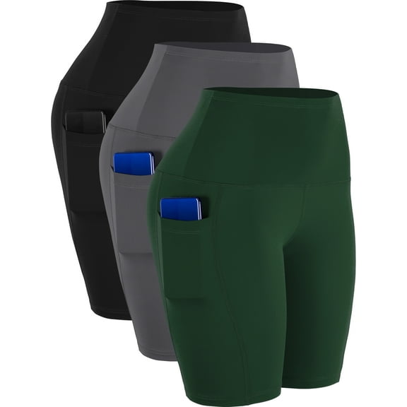 NELEUS Womens 9" Bike Compression Short High Waist for Yoga Workout with Big Pockets 3 Pack,Black Gray Dark Green,US Size L