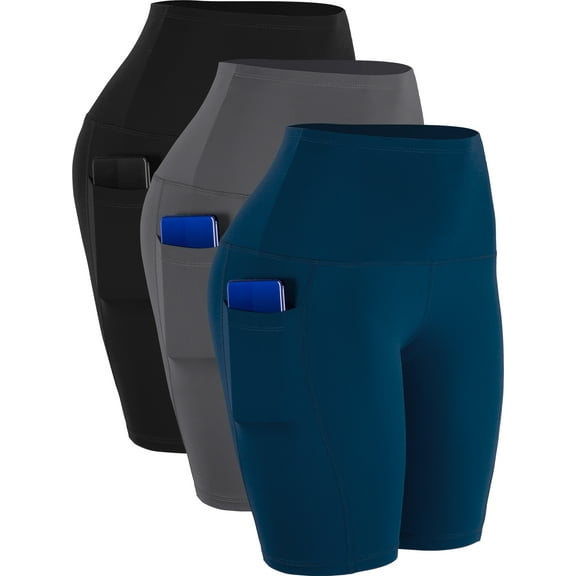 NELEUS Womens 9" Bike Compression Short High Waist for Yoga Workout with Big Pockets 3 Pack,Black+Gray+Navy Blue,US Size L