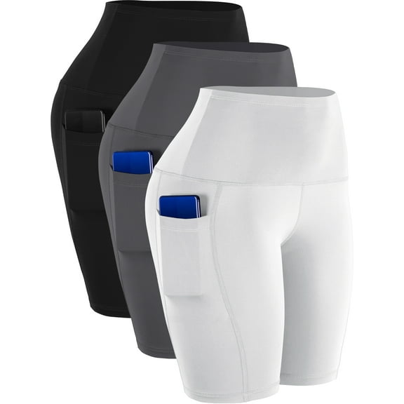 NELEUS Womens 9" Bike Compression Short High Waist for Yoga Workout with Big Pockets 3 Pack,Black Gray White,US Size M