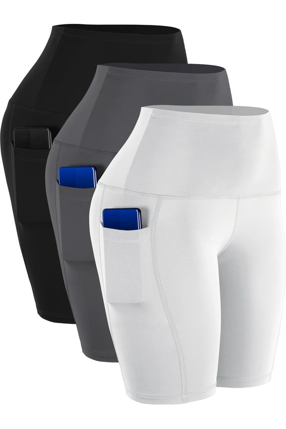 Womens 9" Bike Compression Short High Waist for Yoga Workout with Big Pockets 3 Pack,Black+Gray+White,US Size XL