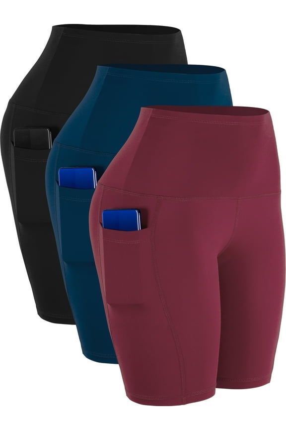 Womens 9" Bike Compression Short High Waist for Yoga Workout with Big Pockets 3 Pack,Black+Navy Blue+Wine Red,US Size L