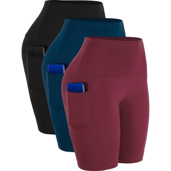 NELEUS Womens 9" Bike Compression Short High Waist for Yoga Workout with Big Pockets 3 Pack,Black+Navy Blue+Wine Red,US Size M