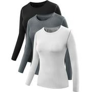 NELEUS Womens Athletic Compression Long Sleeve Running T Shirt Dry Fit 3 Pack,Black+Gray+White,US Size S
