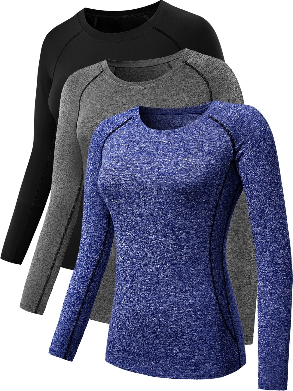 NELEUS Womens Athletic Compression Long Sleeve Yoga T Shirt Dry Fit 3 Pack,Black+Gray+Blue,US  Size 2XL 