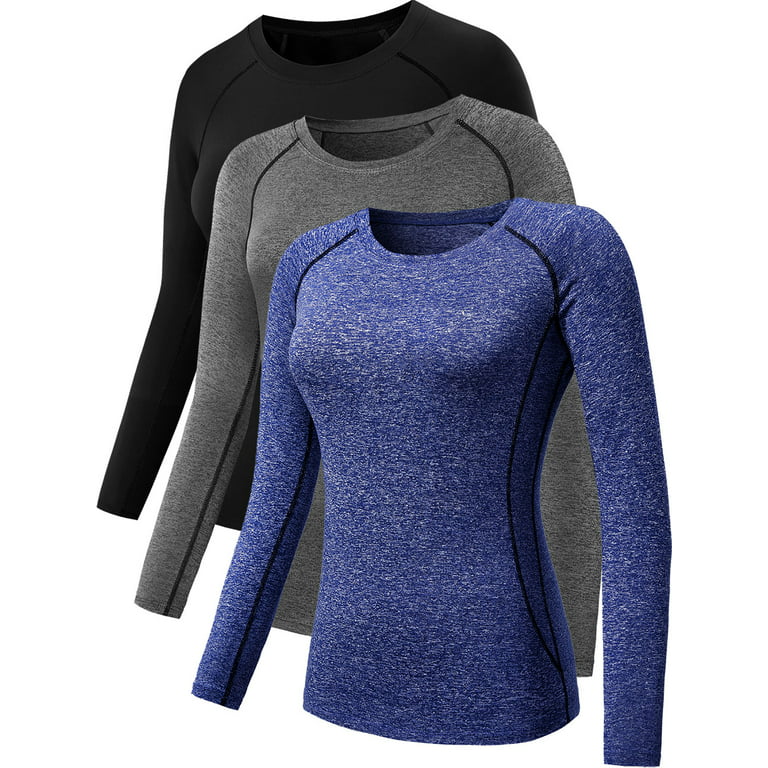NELEUS Womens Athletic Compression Long Sleeve Yoga T Shirt Dry Fit 3  Pack,Black+Gray+Blue,US Size 2XL