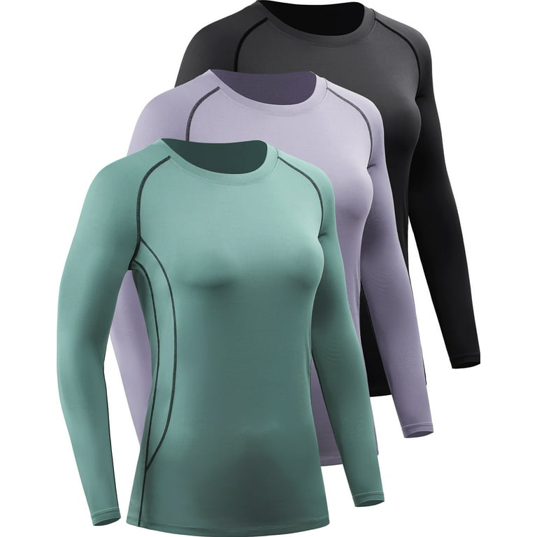 NELEUS Womens Athletic Compression Long Sleeve Yoga T Shirt Dry Fit 3  Pack,Black+Purple+Blackish Green,US Size L