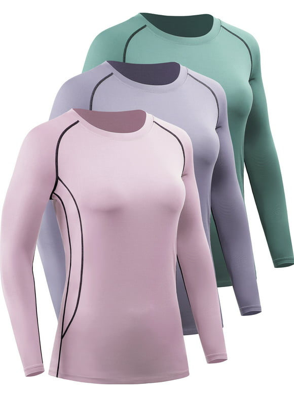 NELEUS Womens Athletic Compression Long Sleeve Yoga T Shirt Dry Fit 3 Pack,Blackish Green+Purple+Light Pink,US Size S