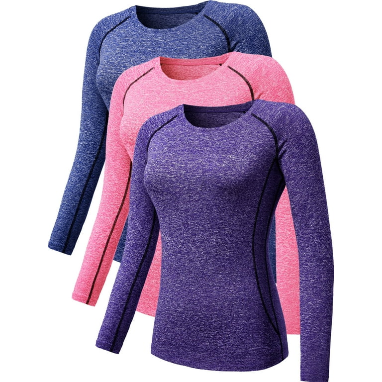 NELEUS Womens Athletic Compression Long Sleeve Yoga T Shirt Dry Fit 3  Pack,Pink+Blue+Purple,US Size 2XL
