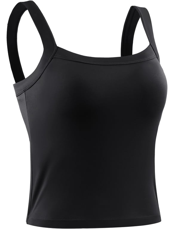 Womens Athletic Cropped Tank Top with Built in Bra Camisole for Layer Stretch Wider Strap,Black,US Size M
