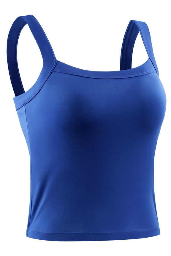 Womens Athletic Cropped Tank Top with Built in Bra Camisole for Layer Stretch Wider Strap,Blue,US Size S