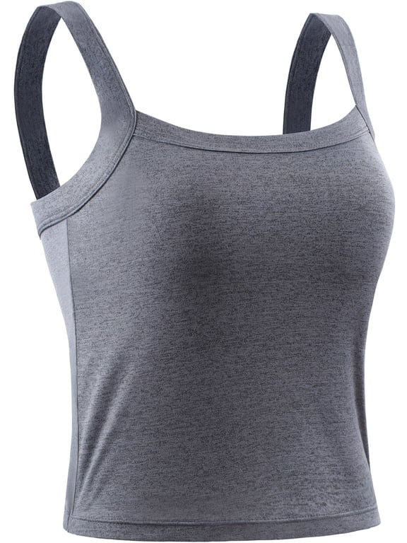 Womens Athletic Cropped Tank Top with Built in Bra Camisole for Layer Stretch Wider Strap,Gray,US Size L