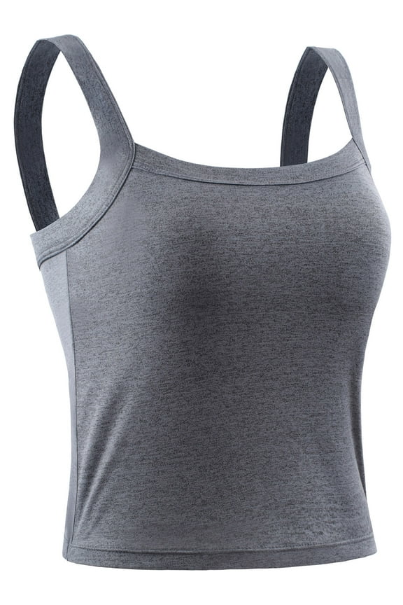 Womens Athletic Cropped Tank Top with Built in Bra Camisole for Layer Stretch Wider Strap,Gray,US Size S
