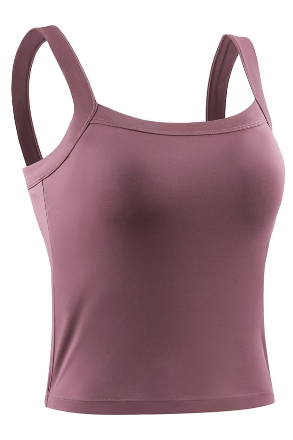 Womens Athletic Cropped Tank Top with Built in Bra Camisole for Layer Stretch Wider Strap,Rose Brown,US Size L