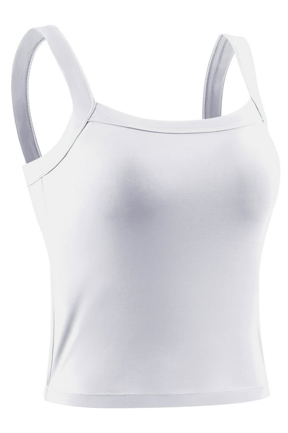 Womens Athletic Cropped Tank Top with Built in Bra Camisole for Layer Stretch Wider Strap,White,US Size 2XL