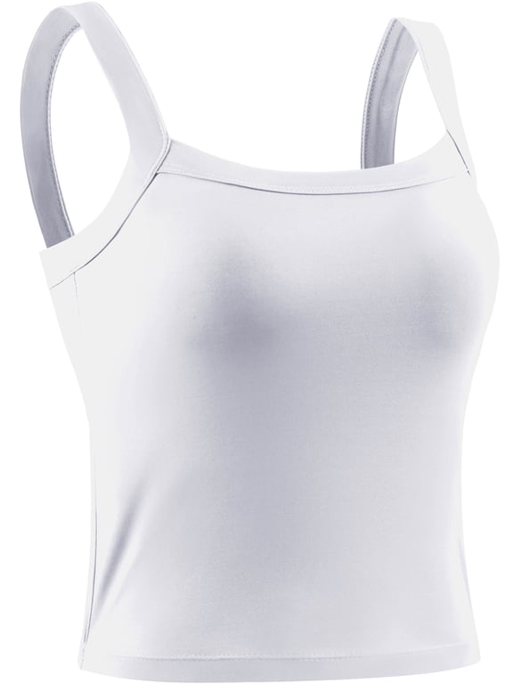 Womens Athletic Cropped Tank Top with Built in Bra Camisole for Layer Stretch Wider Strap,White,US Size L