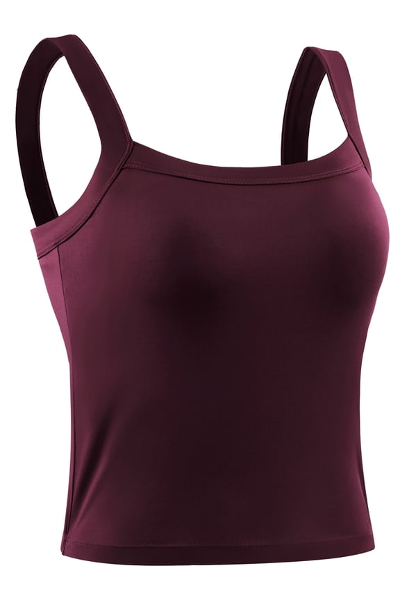 Womens Athletic Cropped Tank Top with Built in Bra Camisole for Layer Stretch Wider Strap,Wine Red,US Size L