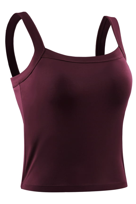 Womens Athletic Cropped Tank Top with Built in Bra Camisole for Layer Stretch Wider Strap,Wine Red,US Size M
