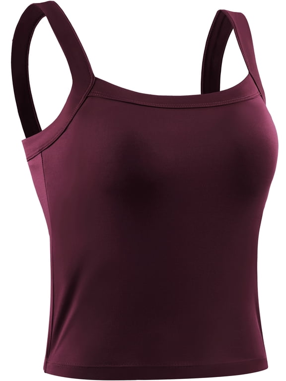 Womens Athletic Cropped Tank Top with Built in Bra Camisole for Layer Stretch Wider Strap,Wine Red,US Size S