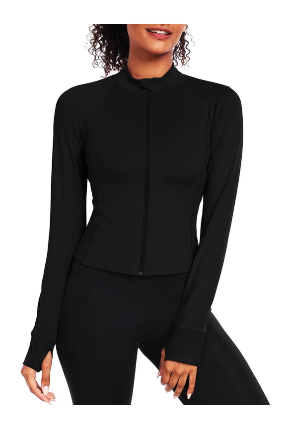Womens Athletic Jackets Zip Up Yoga Workout Jacket Short Coat Slim Fit With 2 Inner Pockets,Black,US Size M