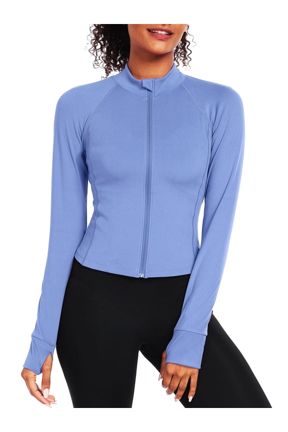 Womens Athletic Jackets Zip Up Yoga Workout Jacket Short Coat Slim Fit With 2 Inner Pockets,Blue,US Size M