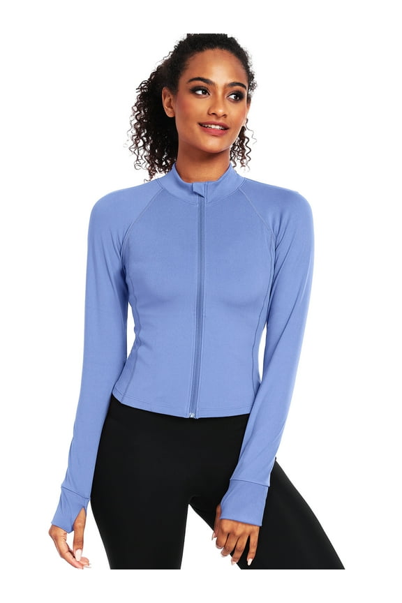 Womens Athletic Jackets Zip Up Yoga Workout Jacket Short Coat Slim Fit With 2 Inner Pockets,Blue,US Size XL
