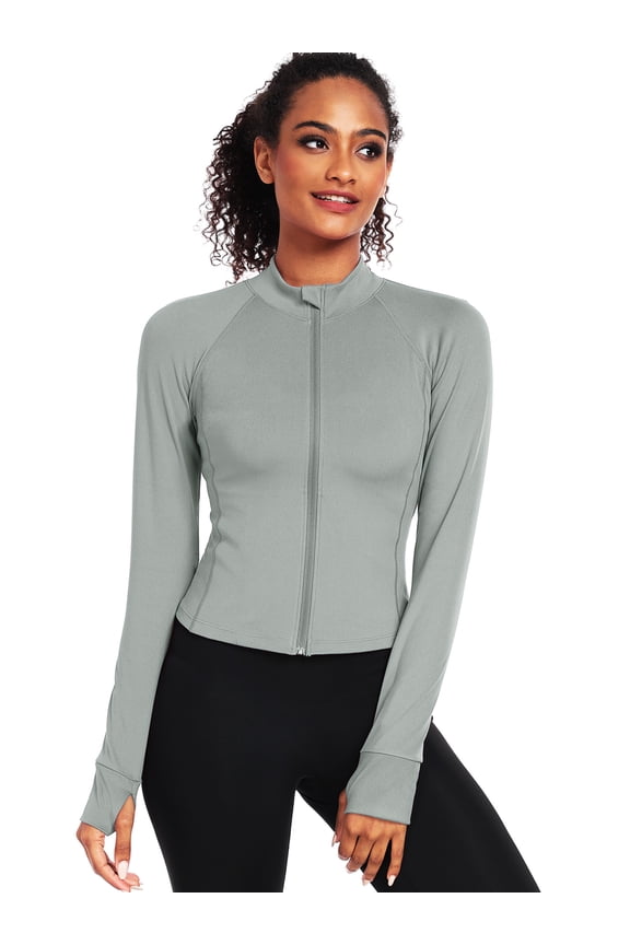 Womens Athletic Jackets Zip Up Yoga Workout Jacket Short Coat Slim Fit With 2 Inner Pockets,Gray,US Size M