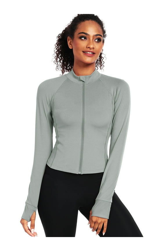 Womens Athletic Jackets Zip Up Yoga Workout Jacket Short Coat Slim Fit With 2 Inner Pockets,Gray,US Size S