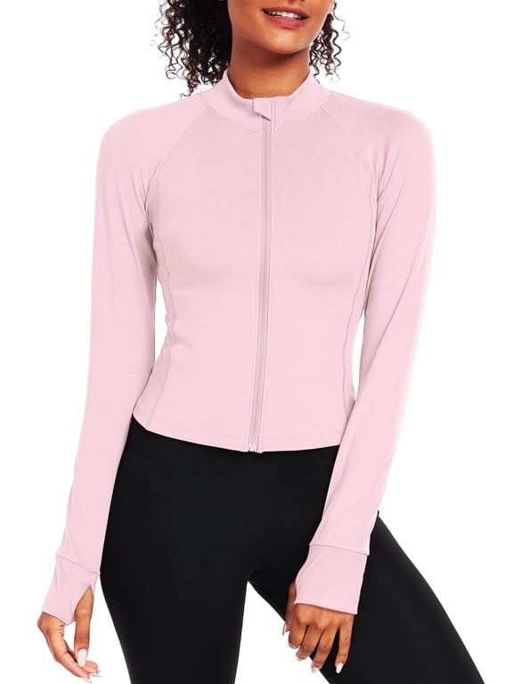 Womens Athletic Jackets Zip Up Yoga Workout Jacket Short Coat Slim Fit With 2 Inner Pockets,Light Pink,US Size L