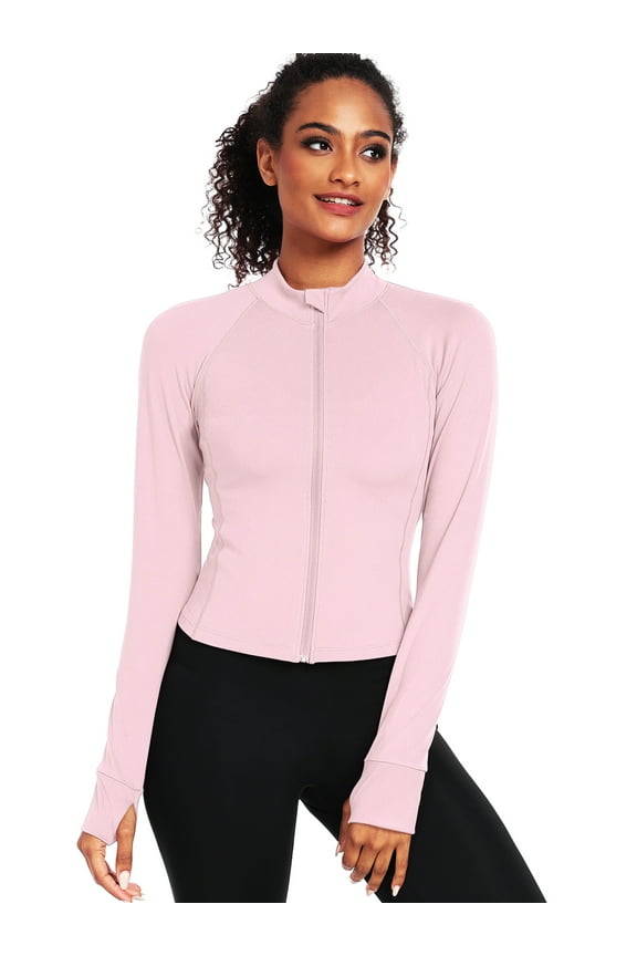 Womens Athletic Jackets Zip Up Yoga Workout Jacket Short Coat Slim Fit With 2 Inner Pockets,Light Pink,US Size M