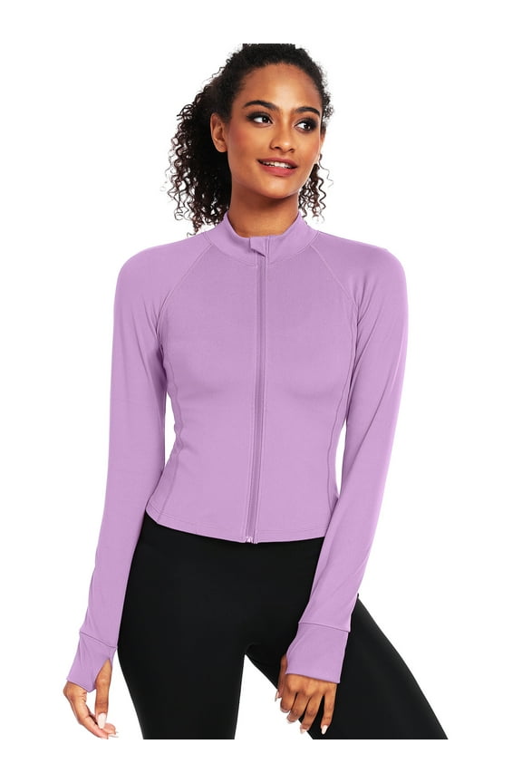Womens Athletic Jackets Zip Up Yoga Workout Jacket Short Coat Slim Fit With 2 Inner Pockets,Light Purple,US Size M