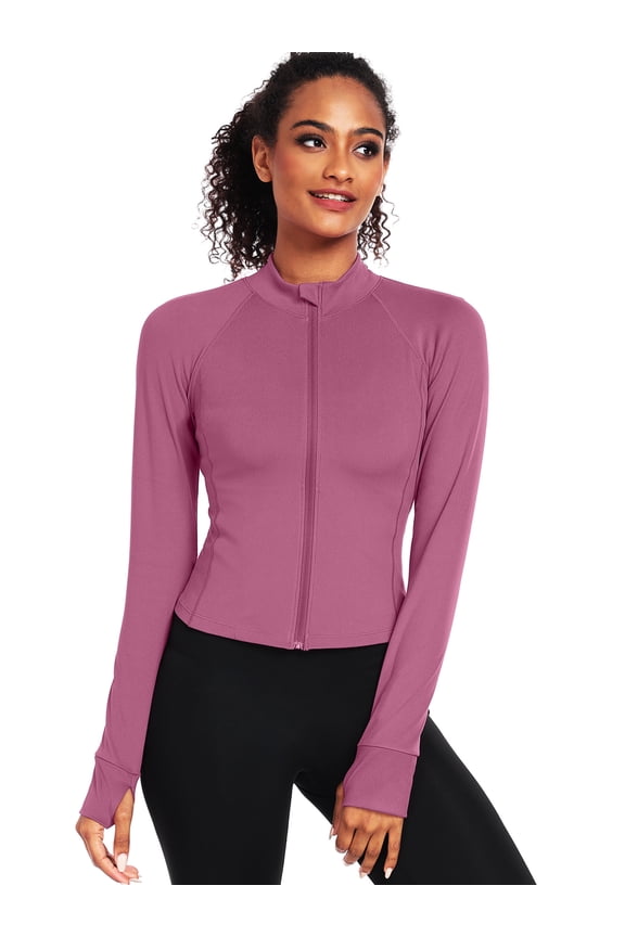 Womens Athletic Jackets Zip Up Yoga Workout Jacket Short Coat Slim Fit With 2 Inner Pockets,Rose Red,US Size L
