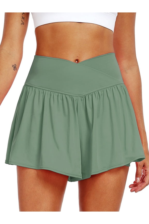 Womens Athletic Shorts 2 in 1 Flowy Crossover Running Shorts with Pockets Workout Shorts,Light Green,US Size XL