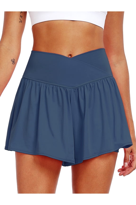 Womens Athletic Shorts 2 in 1 Flowy Crossover Running Shorts with Pockets Workout Shorts,Navy Blue,US Size 2XL
