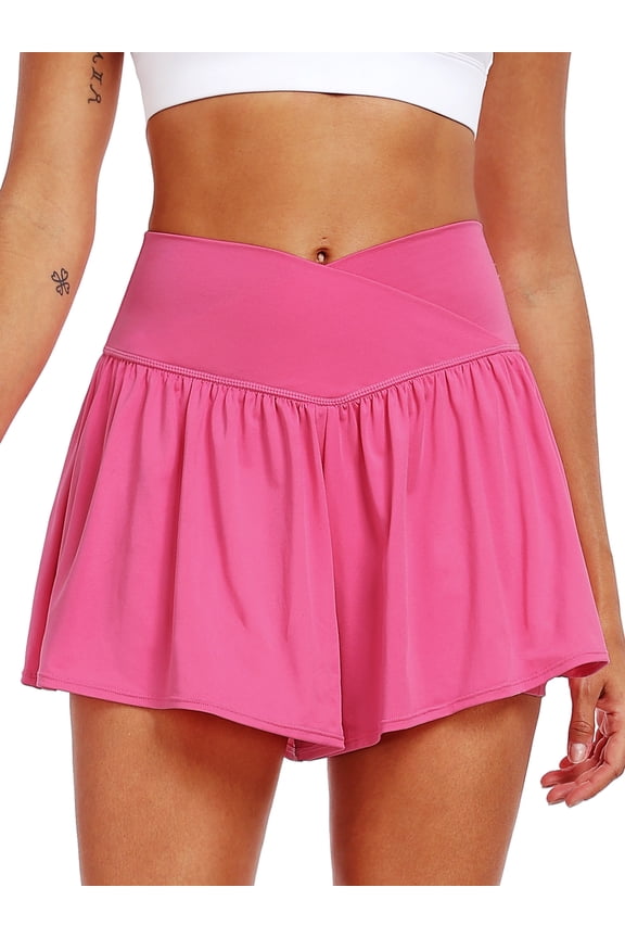 Womens Athletic Shorts 2 in 1 Flowy Crossover Running Shorts with Pockets Workout Shorts,Rose Red,US Size 2XL