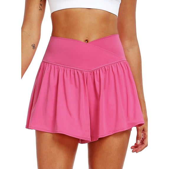 NELEUS Womens Athletic Shorts 2 in 1 Flowy Crossover Running Shorts with Pockets Workout Shorts,Rose Red,US Size L