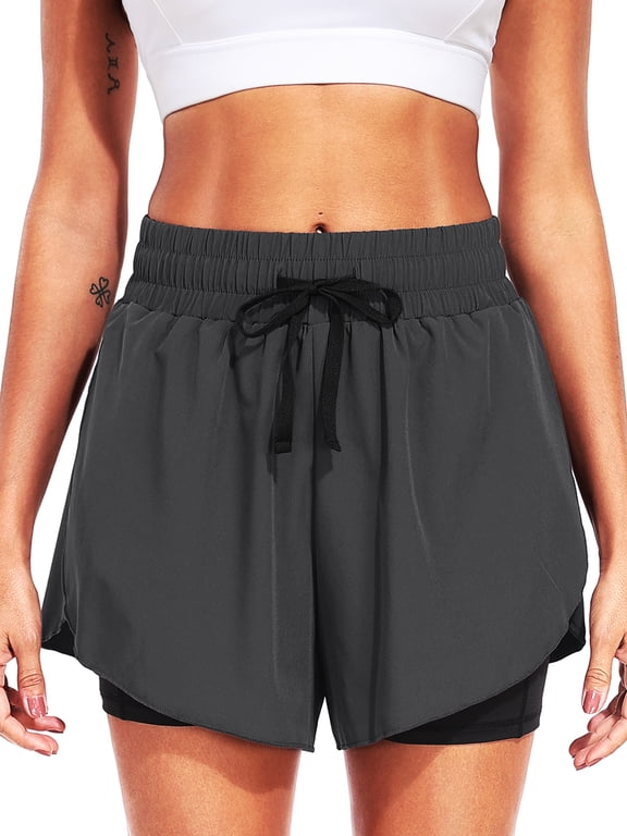 Womens Plus Size Athletic Workout Shorts 2 in 1 High Waist for Running Casual Short with Pockets,Gray,US Size 2XL