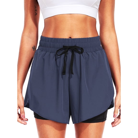 NELEUS Womens Athletic Workout Shorts 2 in 1 High Waist for Running Casual Short with Pockets,Navy Blue,US Size S