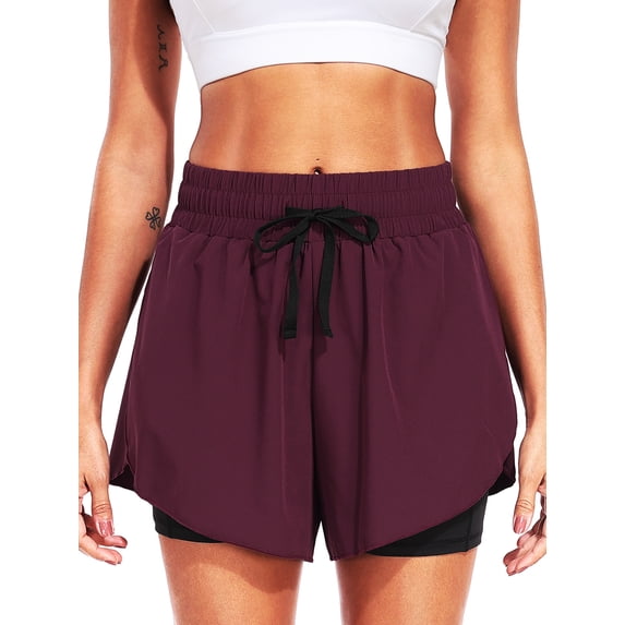 NELEUS Womens Plus Size Athletic Workout Shorts 2 in 1 High Waist for Running Casual Short with Pockets,Wine Red,US Size 2XL