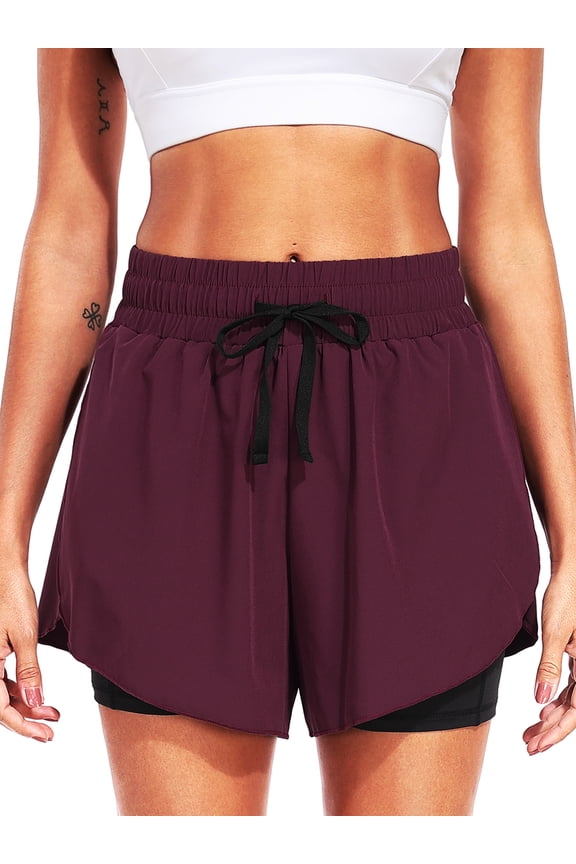 Womens Athletic Workout Shorts 2 in 1 High Waist for Running Casual Short with Pockets,Wine Red,US Size 2XL