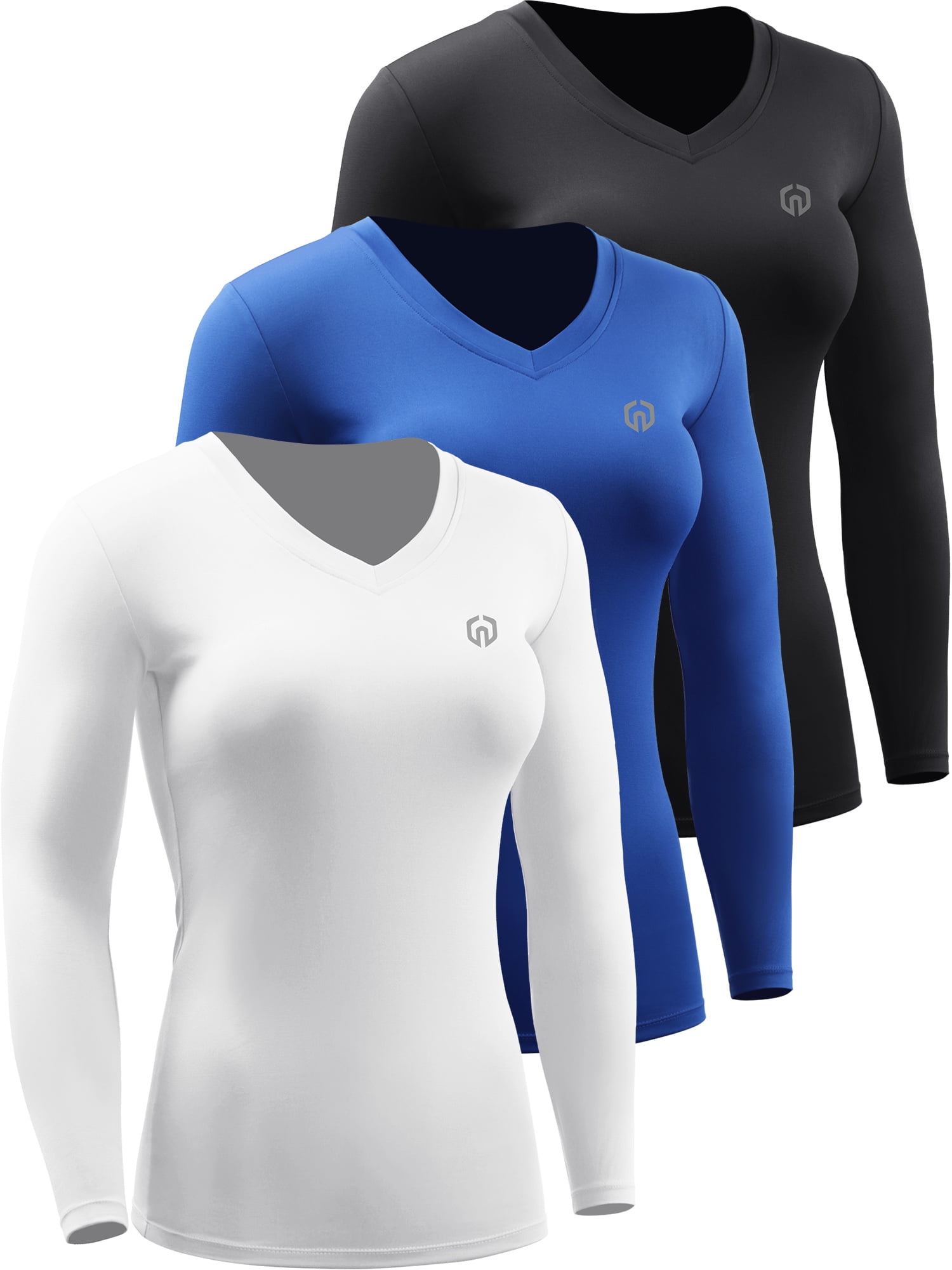 NELEUS Womens Compression Shirts Long Sleeve Workout Yoga T Shirt V Neck 3  Pack,Black+Gray+White,US Size XL