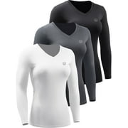 NELEUS Womens Compression Shirts Long Sleeve Workout Yoga T Shirt V Neck 3 Pack,Black+Gray+White,US Size M
