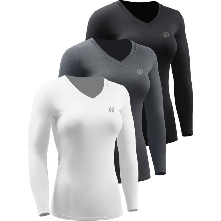 NELEUS Womens Compression Shirts Long Sleeve Workout Yoga T Shirt V Neck 3  Pack,Black+Gray+White,US Size S 