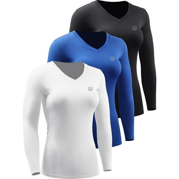 NELEUS Womens Compression Shirts Workout Yoga T Shirt V Neck Long Sleeve 3 Pack,Black+Blue+White,US Size L