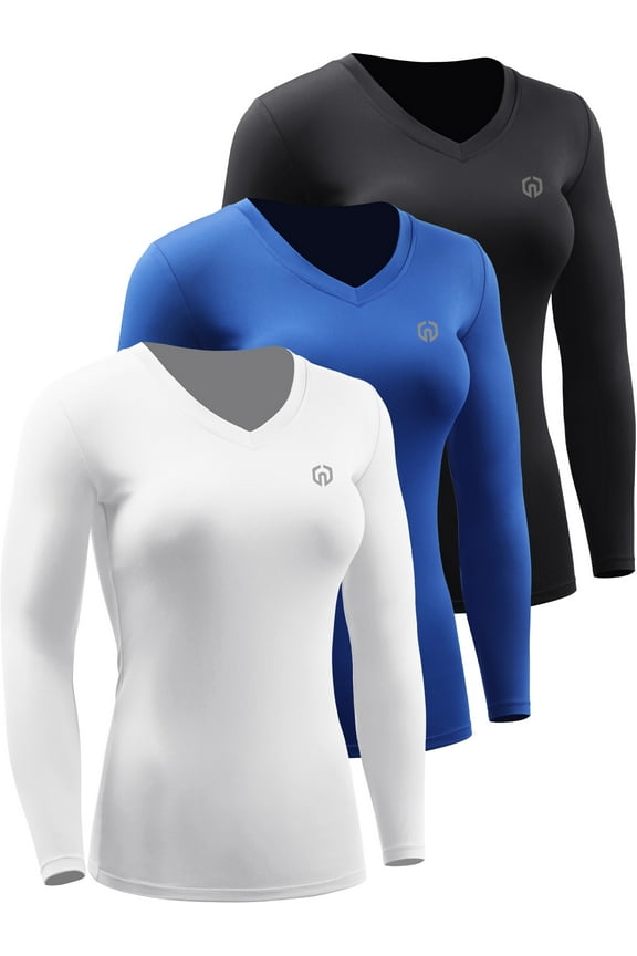 Womens Compression Shirts Workout Yoga T Shirt V Neck Long Sleeve 3 Pack,Black+Blue+White,US Size L