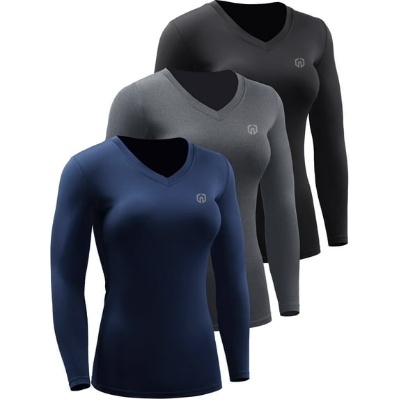 NELEUS Womens Compression Shirts Workout Yoga T Shirt V Neck Long Sleeve 3 Pack,Black+Gray+Navy Blue,US Size L