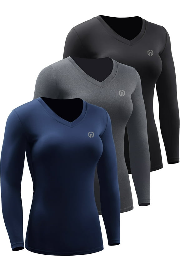Womens Compression Shirts Workout Yoga T Shirt V Neck Long Sleeve 3 Pack,Black+Gray+Navy Blue,US Size S