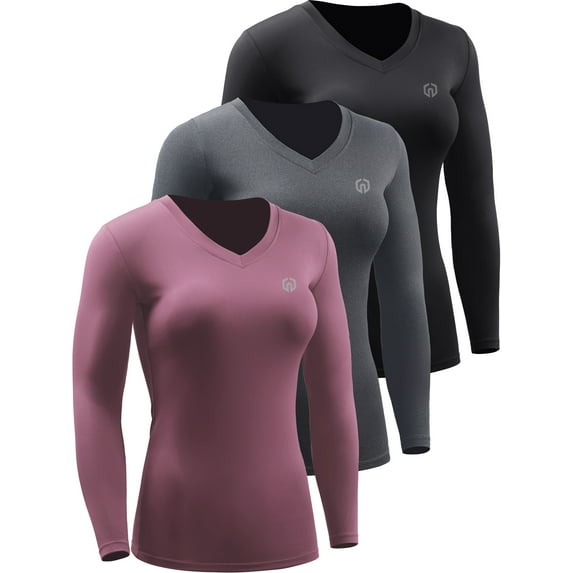 NELEUS Womens Compression Shirts Workout Yoga T Shirt V Neck Long Sleeve 3 Pack,Black+Gray+Rosy Brown,US Size 2XL