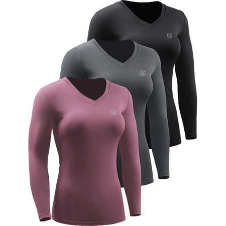 NELEUS Womens Compression Shirts Workout Yoga T Shirt V Neck Long Sleeve 3 Pack,Black+Gray+Rosy Brown,US Size L