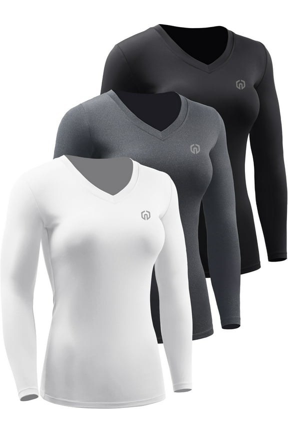 Womens Compression Shirts Workout Yoga T Shirt V Neck Long Sleeve 3 Pack,Black+Gray+White,US Size 2XL